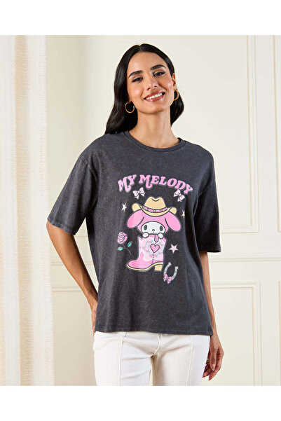REDTAG تي شيرت نسائي قصة فضفاضة من الفحم مطبوع عليه My Melody