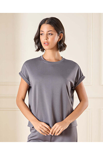 REDTAG Women Grey Roll Sleeves Top
