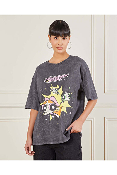 REDTAG Women Charcoal Powerpuff Girls Oversized T-Shirt