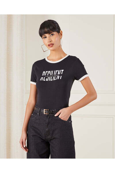 REDTAG Women Black Printed Rib T-Shirt