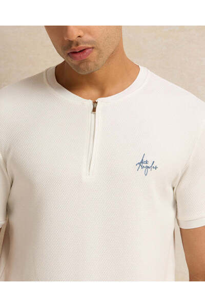REDTAG Men White Jacquard Zip Front T-Shirt