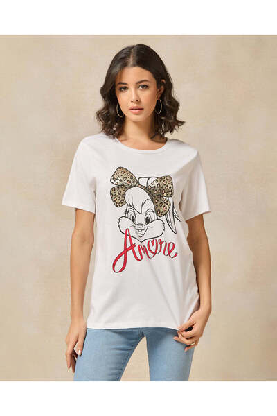 REDTAG تي شيرت نسائي أبيض مطبوع صورة أرنب لولا