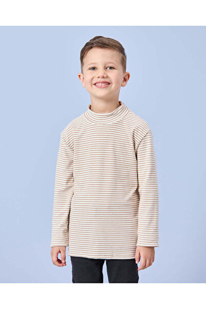 REDTAG Boys Beige Striped Turtle neck Long Sleeve T-Shirt