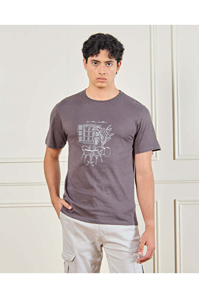 REDTAG Men Charcoal Basic Graphic T-Shirt