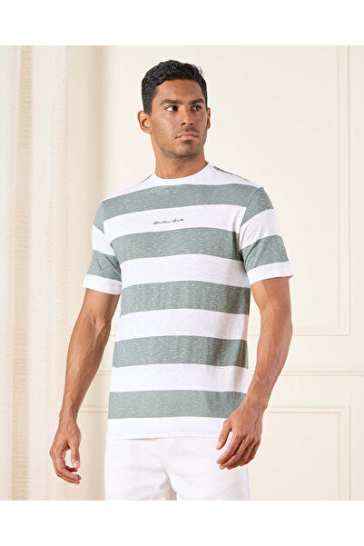 REDTAG Men Grey Striped T-Shirt