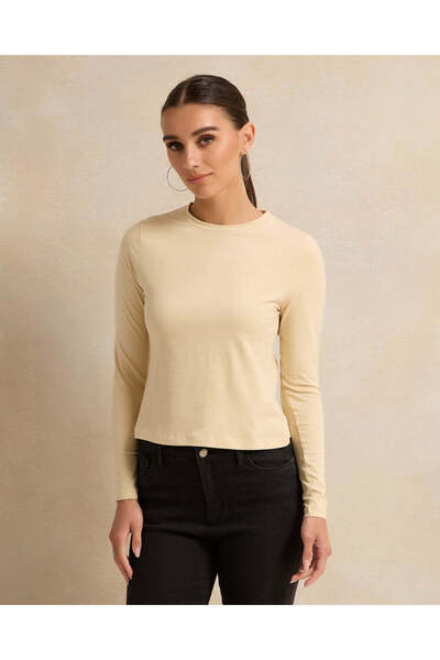 REDTAG Women Cream Crew Neck Basic T-Shirt