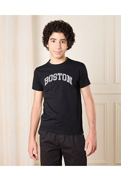 REDTAG Senior Boys Black Printed T-shirt