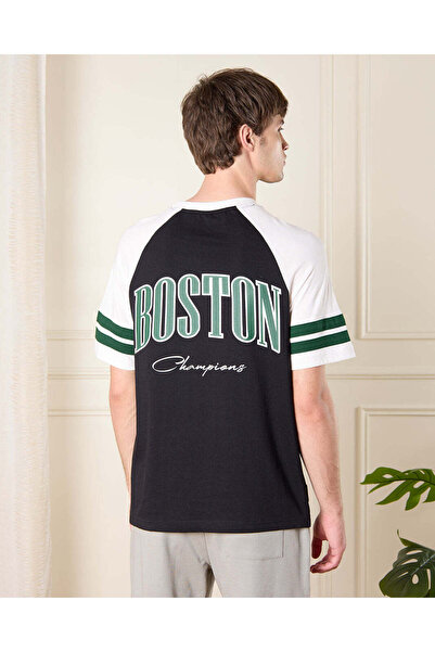 REDTAG Men White And Black Boston Print T-Shirt