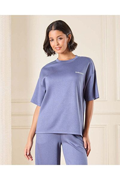 REDTAG Women Blue Boxy Printed Active T-Shirt