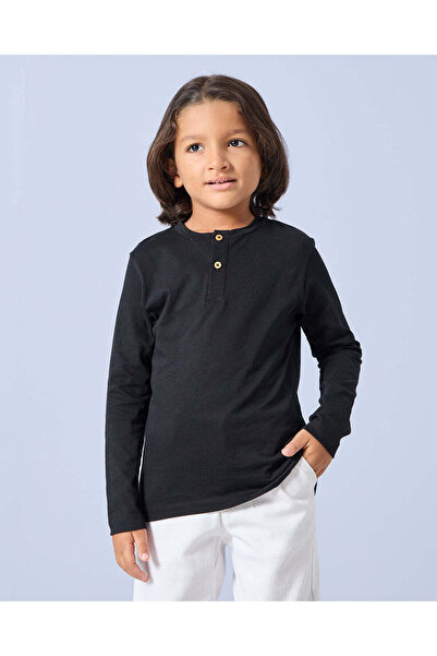 REDTAG Boys Black Long Sleeve Henley T-Shirt