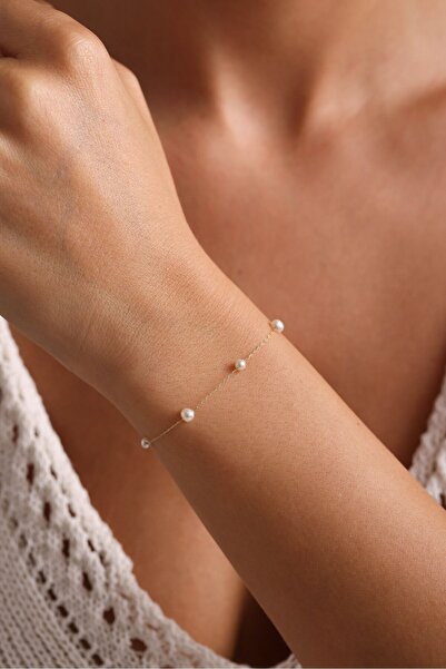 Giza Jewelry 14 Ayar Altın Zincirli İnci Bilekik