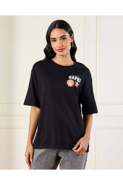 REDTAG تي شيرت نسائي أسود مطبوع كبير الحجم