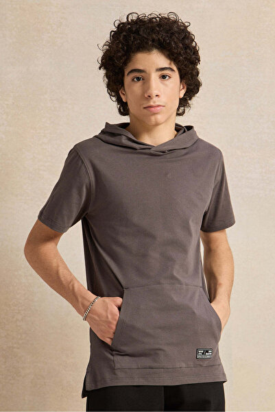 REDTAG Senior Boys Grey Hooded T-Shirt