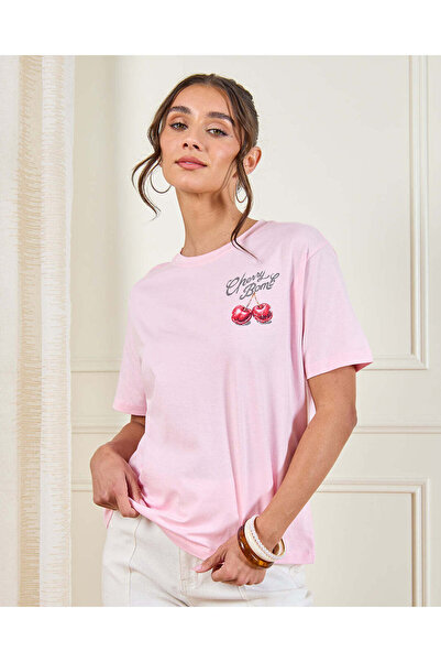 REDTAG تي شيرت نسائي وردي مطبوع قصة فضفاضة