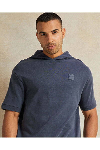 REDTAG Men Plain Grey Hooded Lounge Sweatshirt