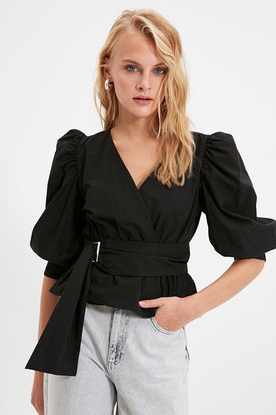 Trendyol Collection Black Belted Double Breasted Woven Blouse TWOAW20BZ0923