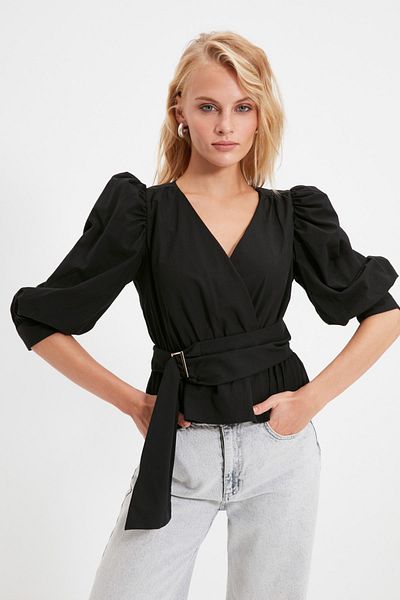 Trendyol Collection Black Belted Double Breasted Woven Blouse TWOAW20BZ0923