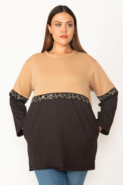 Şans Women's Large Size Camel Print and Pocket Detailed Color Combination Sweatshirt 65n28014