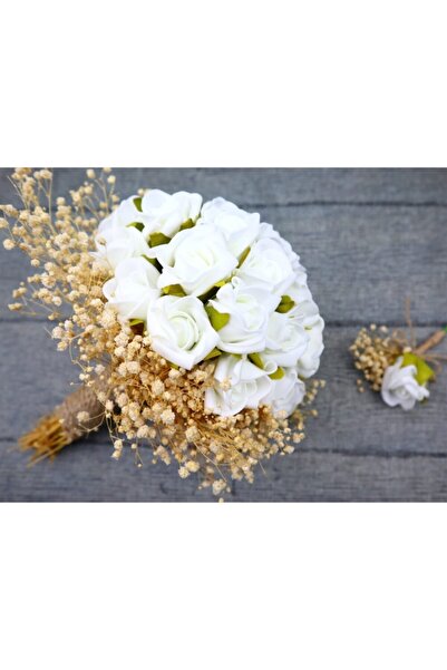 Çemrek Süs Parti Buchet de mireasă cu trandafir alb și ace de rever pentru mire