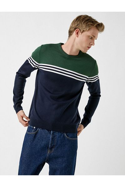 Koton Men's Navy Blue Striped Sweater