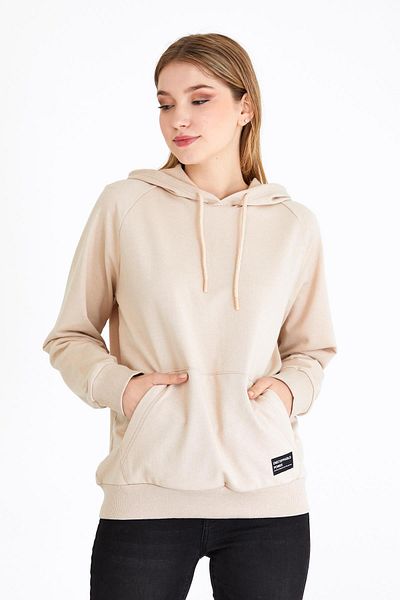 mmetalic Women's Beige Hooded Basic Knitted Sweatshirt