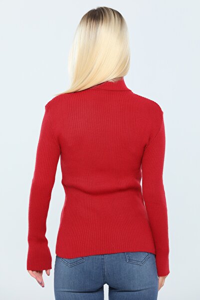 Maxi İdol Women's Red High-Rise Long Sleeve Lycra Ribbed Knitwear Sweater