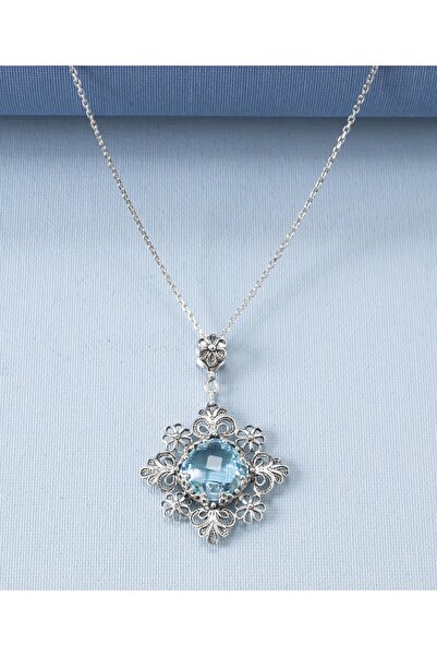 Filigran Silver 925 Ayar Gümüş Otantik El Işçiliği Telkari Doğal Sky Blue Top...