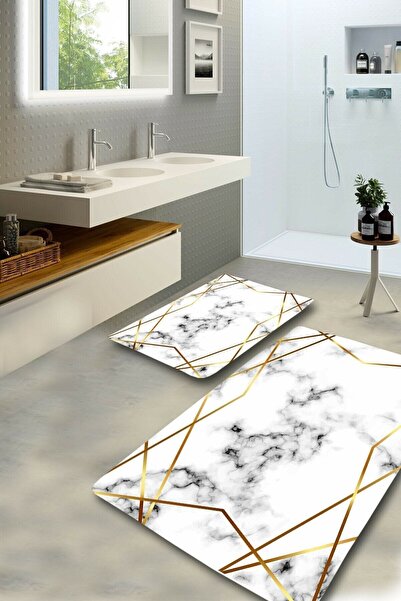 Resmiro Gold Frame Çerçeveli Mermer Desenli Yıkanabilir 2li Banyo Halısı Pasp...