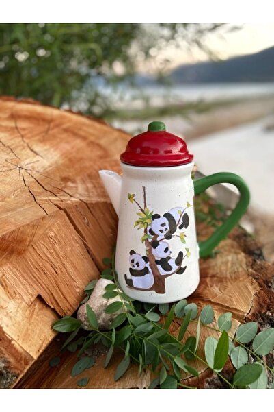 Handmadesign Kapaklı El Yapımı Seramik Sürahi Panda Kırmızı Yeşil Bambu