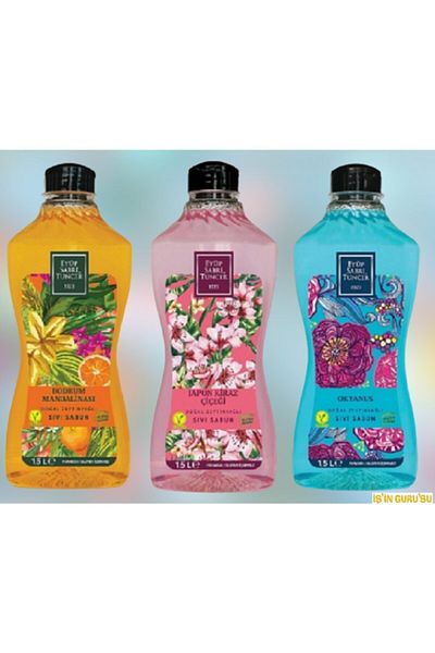 Eyüp Sabri Tuncer Bodrum Tangerine+Japanese Cherry Blossom+Ocean Natural Olive Oil Liquid Soap 1.5 Lt-3 Pieces