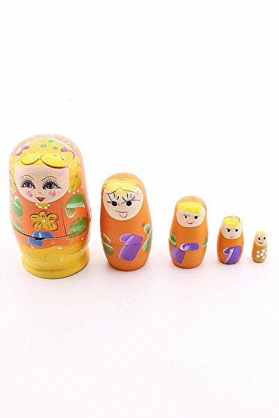 Deco Elit Ahşap Tombul Iç Içe Matruşka Bebek Turuncu Set 5li Büyük Boy