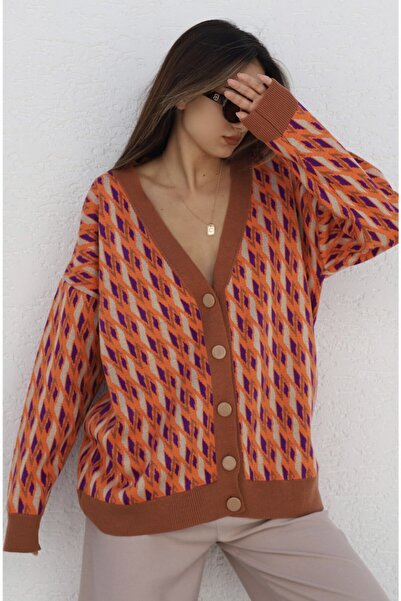 Okyanus Butik Kadın Turuncu-mor Desenli Oversize Hırka