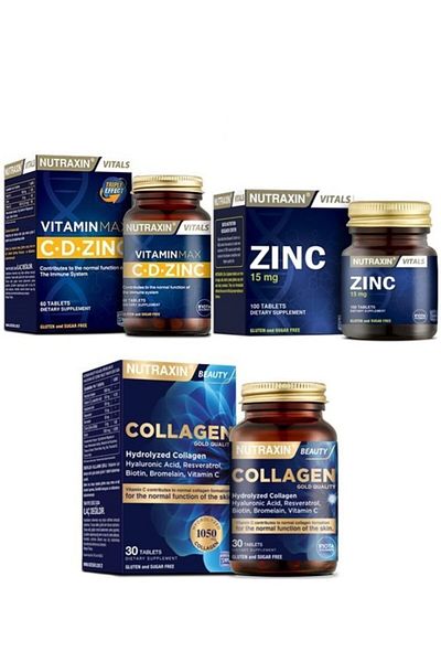 Nutraxin Supplement Set - Zinc 15 Mg, 100 Tablets+Type 1 and 3 Hydrolyzed Collagen 30 Tablets+Vitamin Max