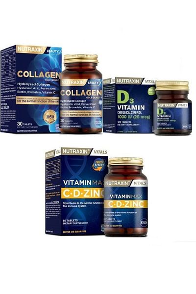 Nutraxin Vitamin D3 1000 Iu - 120 Tablets+Max C-D-Zinc 60 Tablets+Hydrolyzed Collagen 30 Tablets