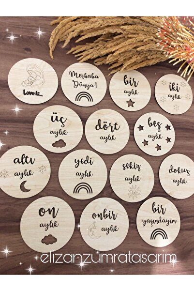 TREND META Ahşap Aylık Plak Seti 12 Cm Yenidoğan Hediye Kartları