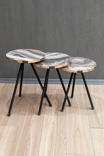 Remaks Yuvarlak Metal Ayaklı 3'lü Zigon Sehpa Çay Sehpası Servis Sehpası - Gri Mermer / Gold