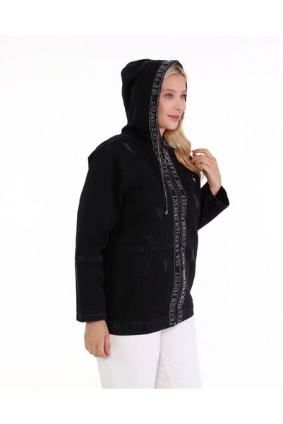 HaiModa Kadın Büyük Beden Kot Mont Taş Işli Kapüşonlu