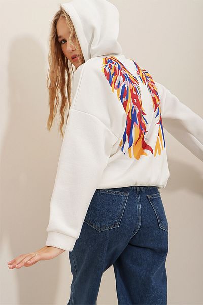 Trend Alaçatı Stili Woman's White Hooded Fleece Printed Sweatshirt ALC-531-001