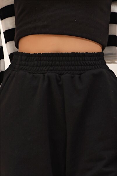 Trend Alaçatı Stili Damskie czarne bawełniane spodnie dresowe do joggingu z wysokim stanem MDA-1319