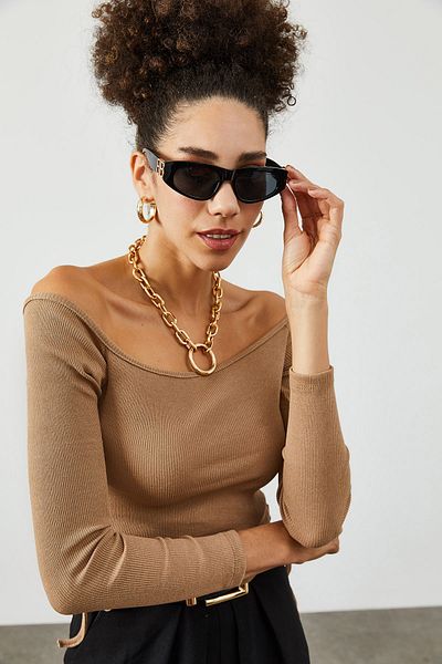 XHAN Women's Beige Side Ruffle Detailed Boat Neck Camisole Blouse 2KZK2-12048-25