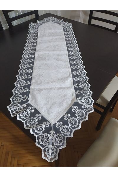 CEYDA Runner Lace Edge Velvet Fabric Ecru Color 40x135cm