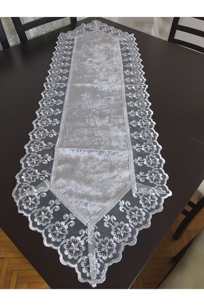 CEYDA Runner Tesatura din catifea Dantela Margine Culoare Gri 40x135cm