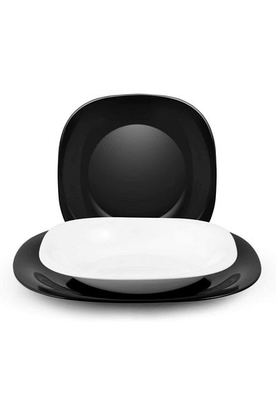 Luminarc Carine 12 Piece Dinner Set. 6 Pieces Black 27 Cm Serving Plates. 6 Pieces White 21 Cm Dinner Plates.