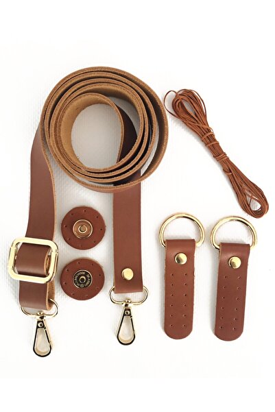 alfa tasarım atölyesi Hakiki Deri Çanta Sapı Altın Aksesuar (120 Cm), Mıknatıslı Çıtçıt, Mumlu Ip Set - Fındık