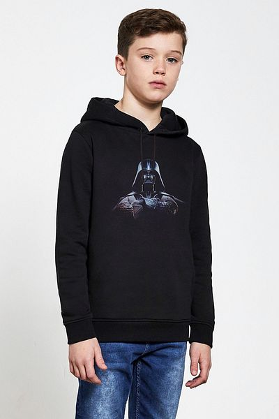 QIVI Hanorac negru unisex cu glugă cu imprimeu Dart Vaderson pentru copii