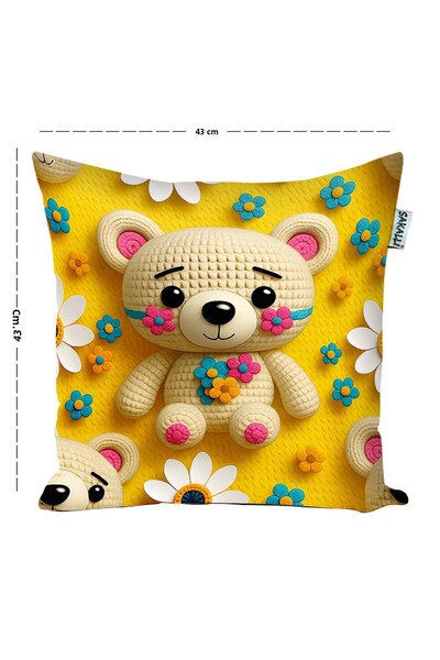 Sakallı Yellow Cute Teddy Bear Children's Room Themed Digital Printed Decorative 4-Piece Throw Pillow Cover