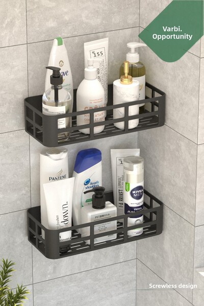 Varbifırsat رف حمام لاصق من طبقتين - حامل شامبو بدون براغي، حامل صابون، منظم للحمام، مجموعة رفوف سوداء
