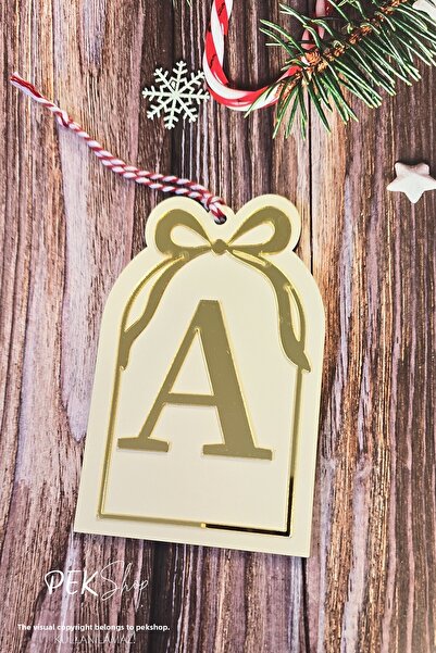 PEKSHOP Initial Letter Window Model Bow Christmas Tree Ornament - Gold Initial Letter and Bow Design New Year Ornament