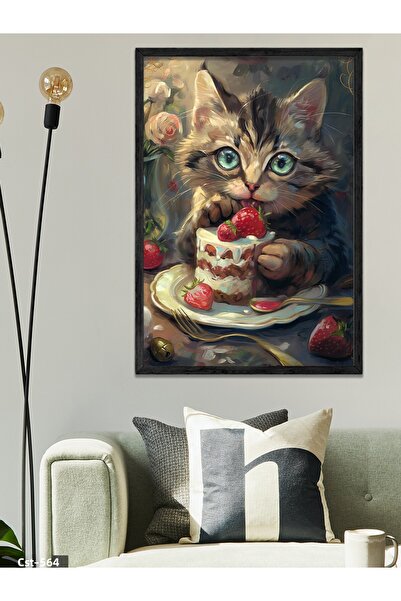 CeSht Pictură într-o singură bucată cu rama din lemn negru, care mănâncă o tortă pisică