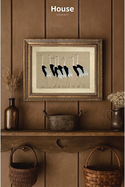 Hane Concept Vintage Framed Crane Birds Wall Painting, Minimalist Artistic Frame
